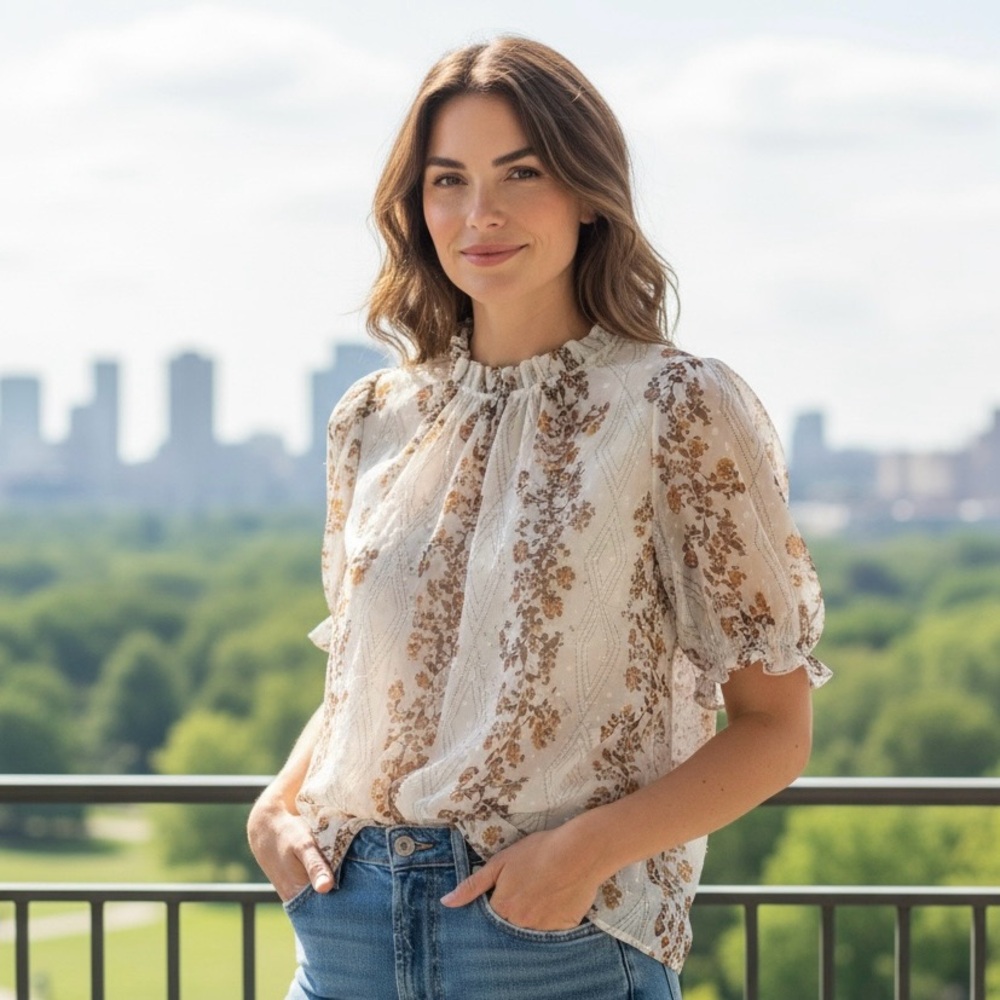 Elegant Floral Ruffle Blouse - Cream and Brown